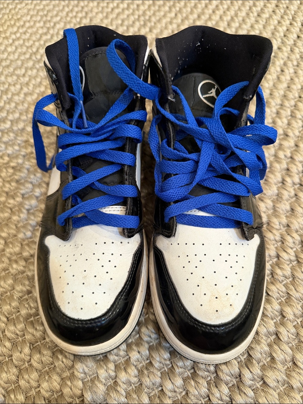 Kids High-Top Nike Air Jordan Sneakers Black and White with Royal Blue Laces